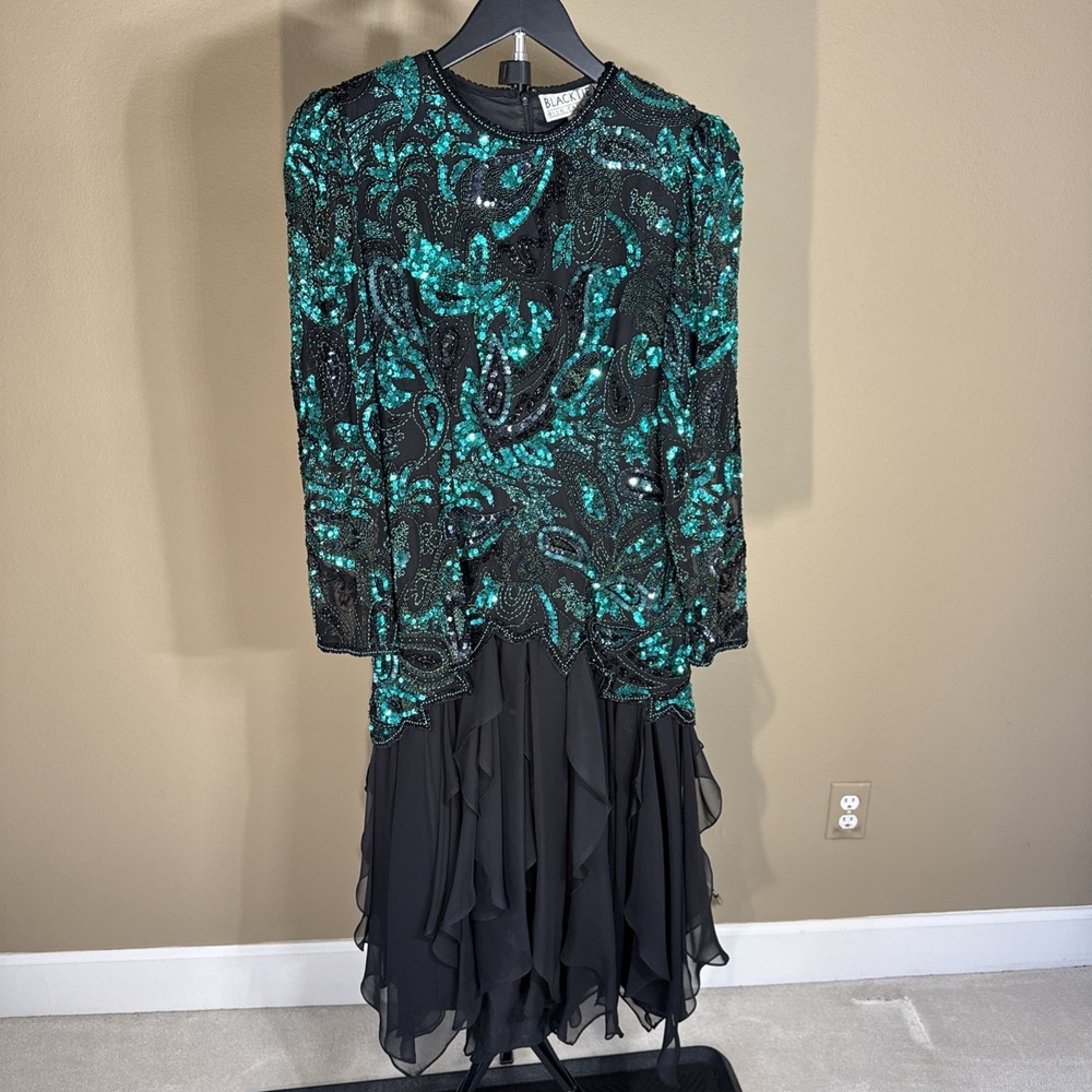 VTG Oleg Cassini Black tie Women's Dress Black Teal Green Beaded Sequin Dress 6